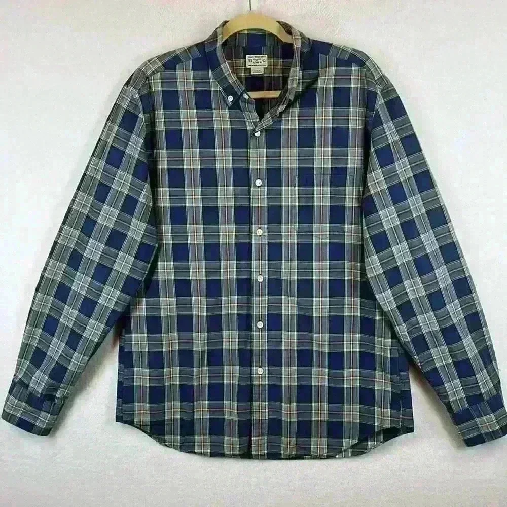J. Crew Men’s Button-Down Shirt Sz Large Blue/Tan Plaid 100% Cotton